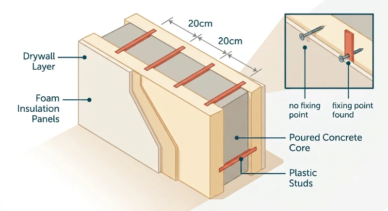 Diagram showing the plastic webs inside an ICF wall, spaced evenly apart, and a nail test showing one nail passing cleanly through foam and another meeting resistance where it hits a web